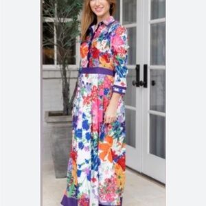 Blue and Pink Long Sleeve Shirt Dress for Wedding Guest Brand Dalia MacPhee